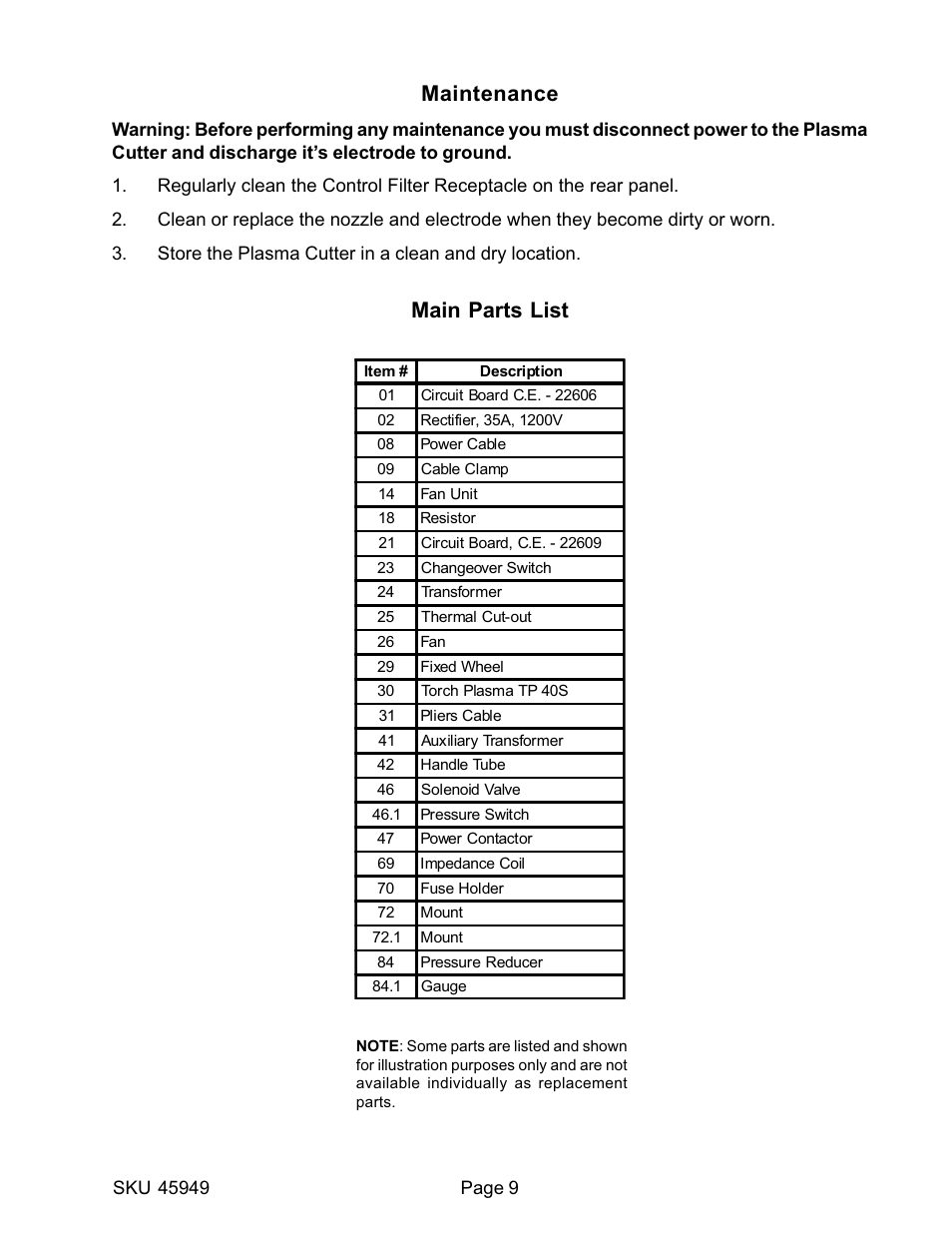 Maintenance, Main parts list | Harbor Freight Tools 45949 User Manual | Page 9 / 12