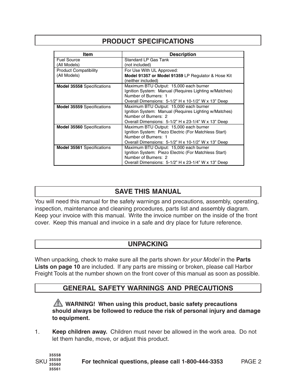 Product specifications save this manual, Unpacking, General safety warnings and precautions | Harbor Freight Tools 35561 User Manual | Page 2 / 10