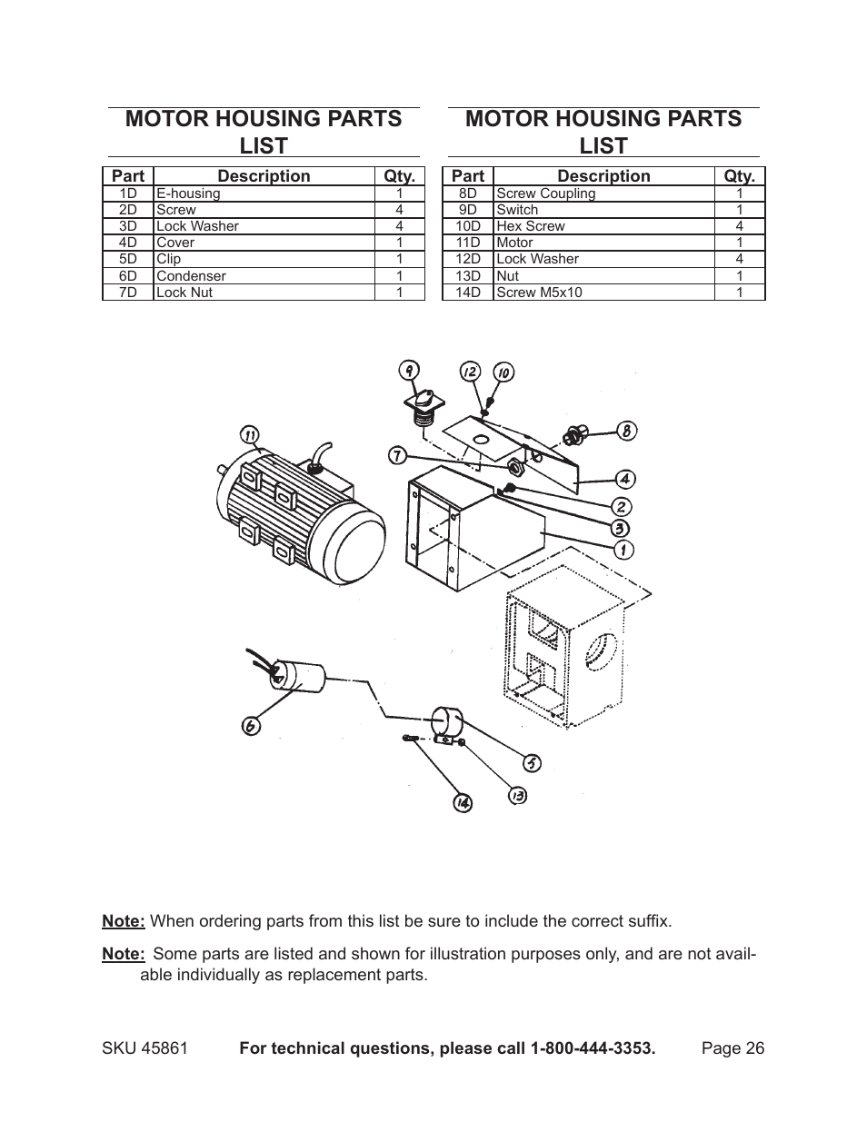 Motor housing parts list | Harbor Freight Tools 45861 User Manual | Page 26 / 41