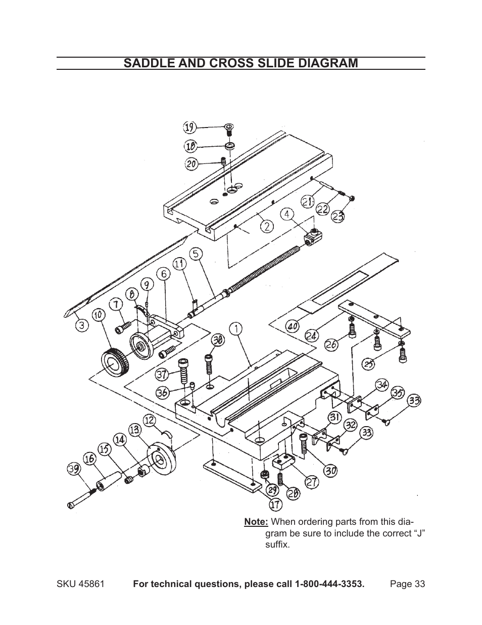 Saddle and cross slide diagram | Harbor Freight Tools 45861 User Manual | Page 33 / 41