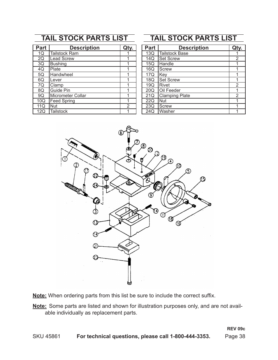 Tail stock parts list | Harbor Freight Tools 45861 User Manual | Page 38 / 41