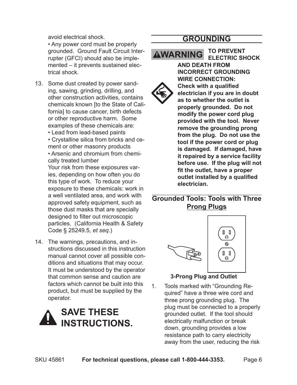 Save these instructions, Grounding | Harbor Freight Tools 45861 User Manual | Page 6 / 41