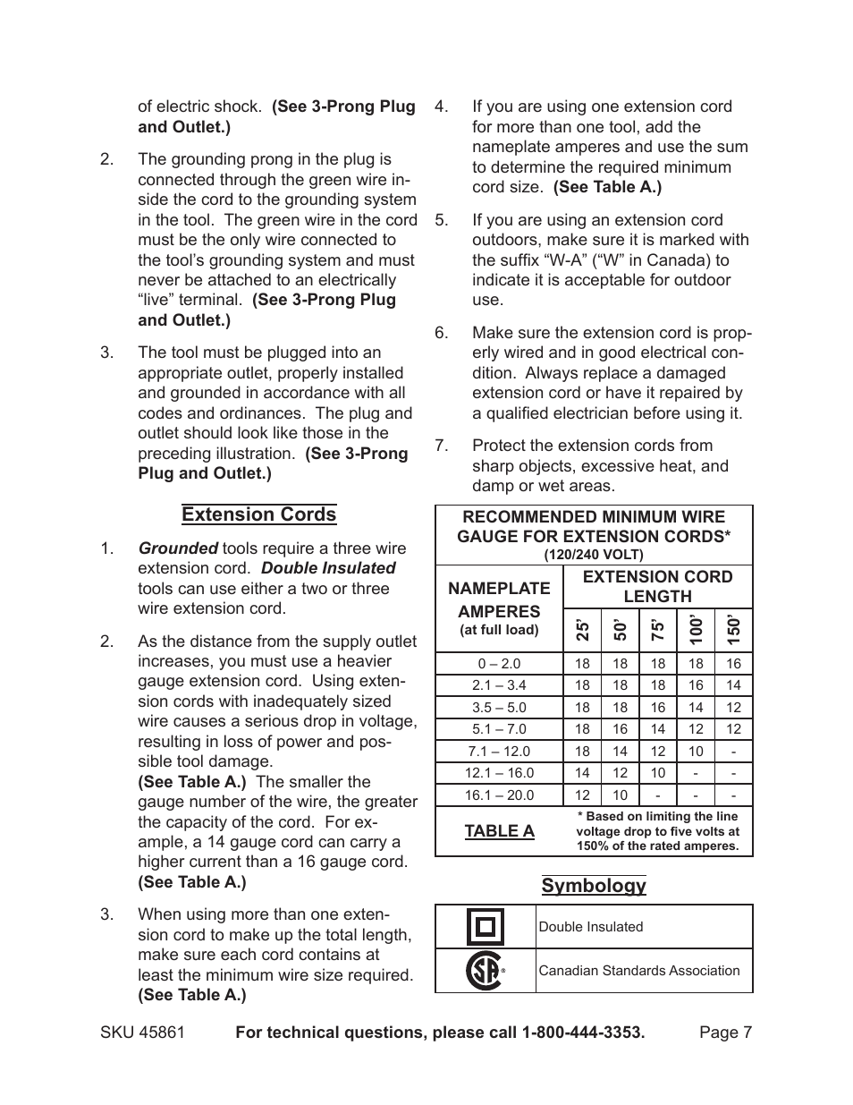 Extension cords, Symbology | Harbor Freight Tools 45861 User Manual | Page 7 / 41