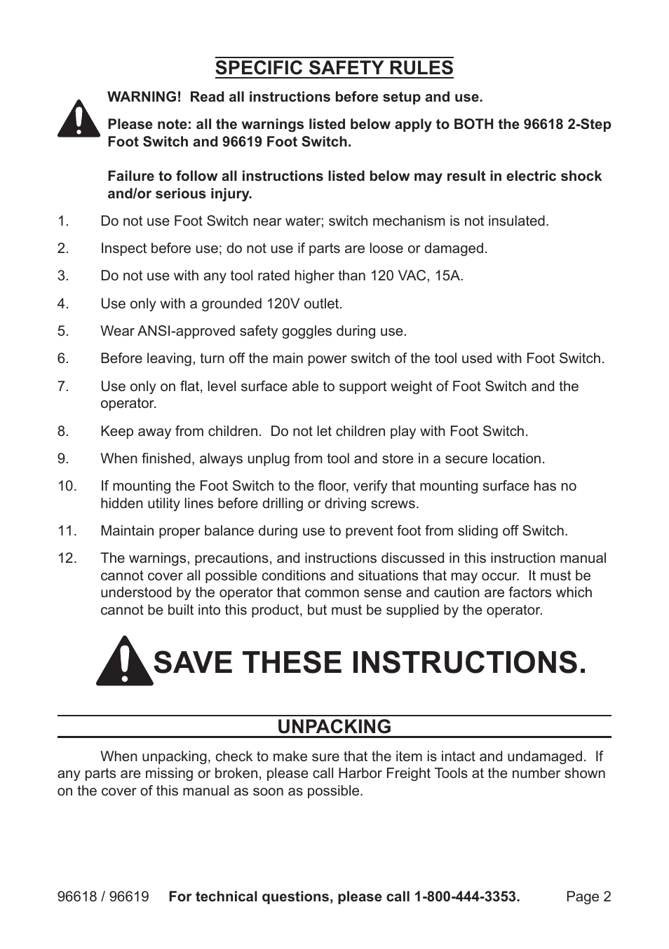 Save these instructions, Specific safety rules, Unpacking | Harbor Freight Tools 96618 User Manual | Page 2 / 4