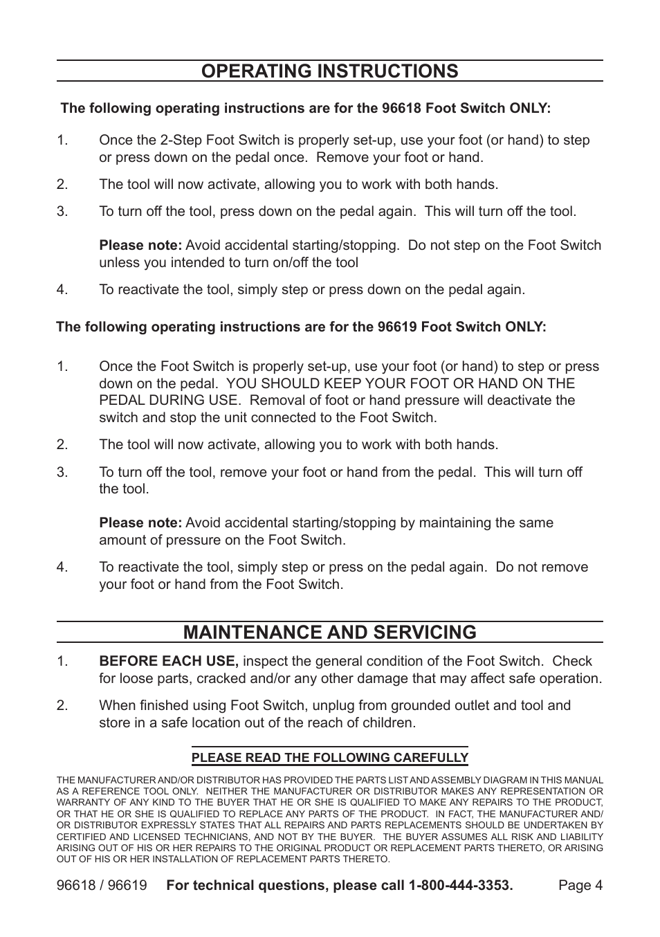 Maintenance and servicing, Operating instructions | Harbor Freight Tools 96618 User Manual | Page 4 / 4