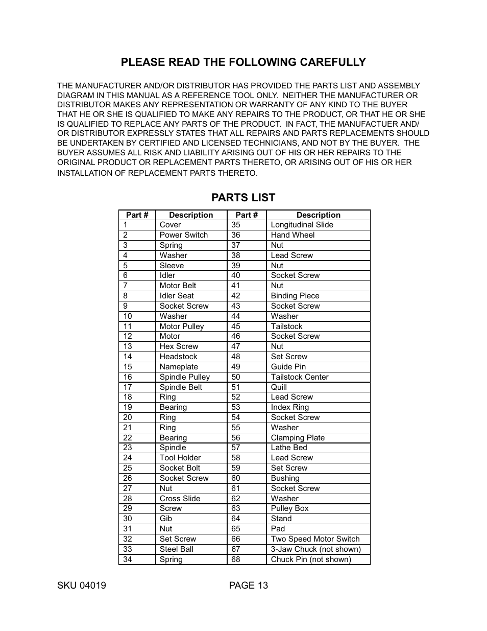 Parts list, Please read the following carefully | Harbor Freight Tools MINI BENCH 4019 User Manual | Page 13 / 14