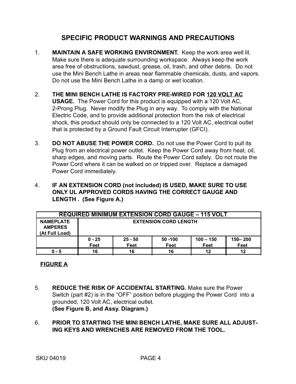 Specific product warnings and precautions | Harbor Freight Tools MINI BENCH 4019 User Manual | Page 4 / 14