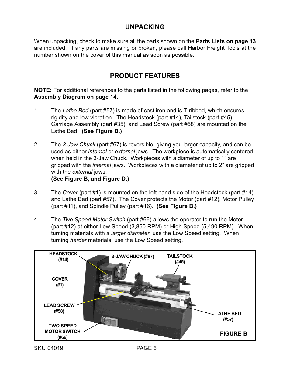 Unpacking, Product features | Harbor Freight Tools MINI BENCH 4019 User Manual | Page 6 / 14