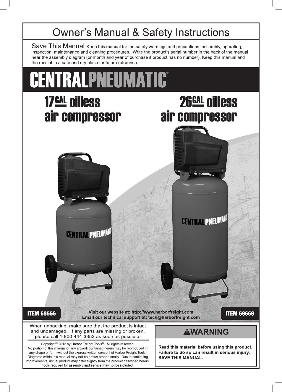 Harbor Freight Tools Central Pneumatic Oilless Air Compressor 69666 User Manual | 16 pages