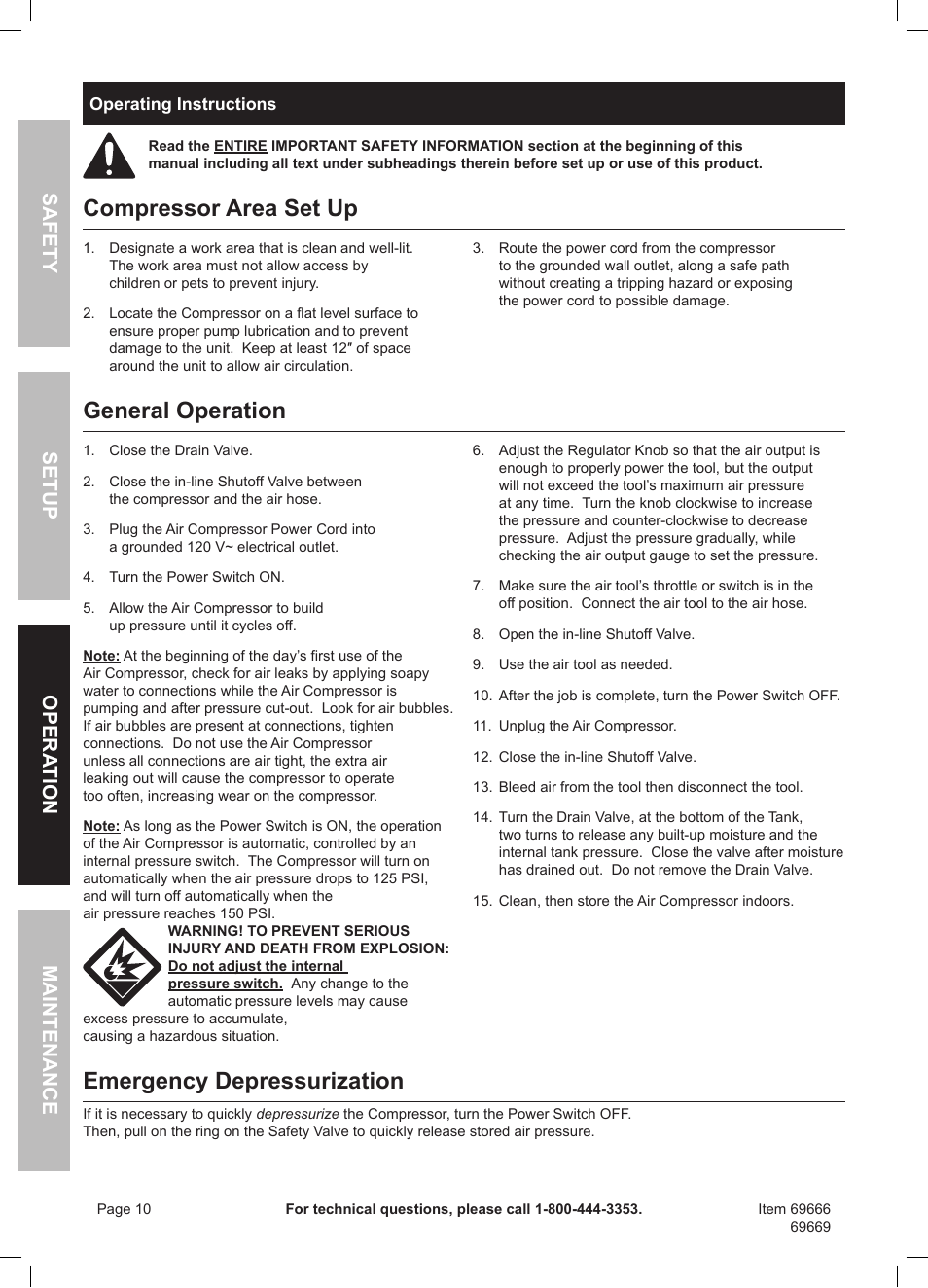 Compressor area set up, General operation, Emergency depressurization | Safety opera tion maintenance setup | Harbor Freight Tools Central Pneumatic Oilless Air Compressor 69666 User Manual | Page 10 / 16