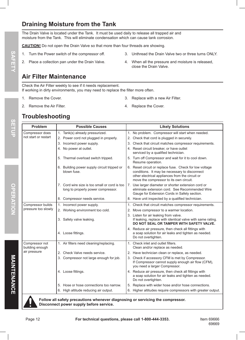 Draining moisture from the tank, Air filter maintenance, Troubleshooting | Safety opera tion maintenance setup | Harbor Freight Tools Central Pneumatic Oilless Air Compressor 69666 User Manual | Page 12 / 16