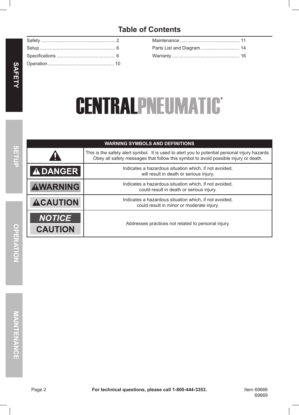 Harbor Freight Tools Central Pneumatic Oilless Air Compressor 69666 User Manual | Page 2 / 16