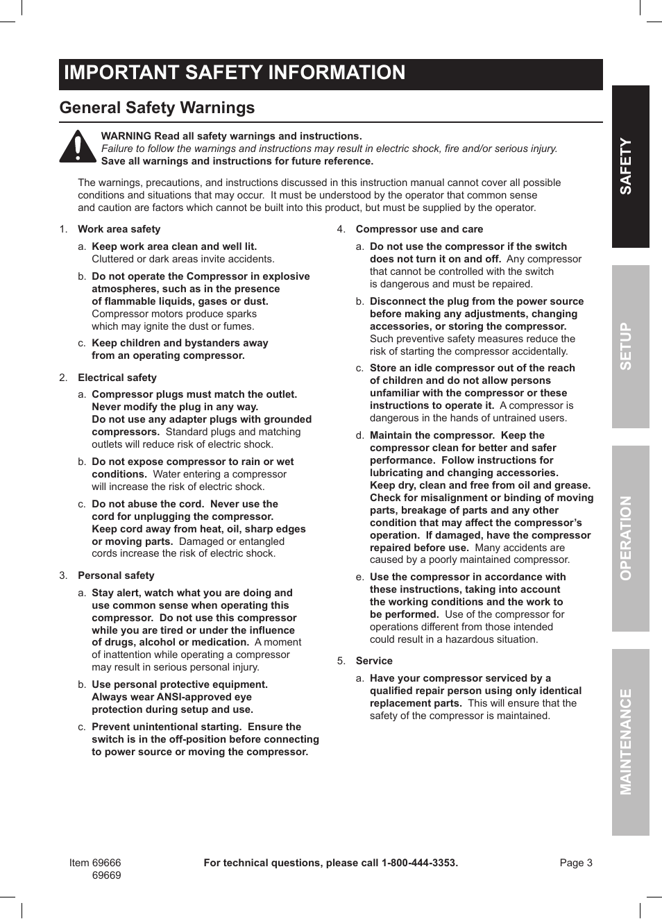 Important safety information, General safety warnings, Safety opera tion maintenance setup | Harbor Freight Tools Central Pneumatic Oilless Air Compressor 69666 User Manual | Page 3 / 16