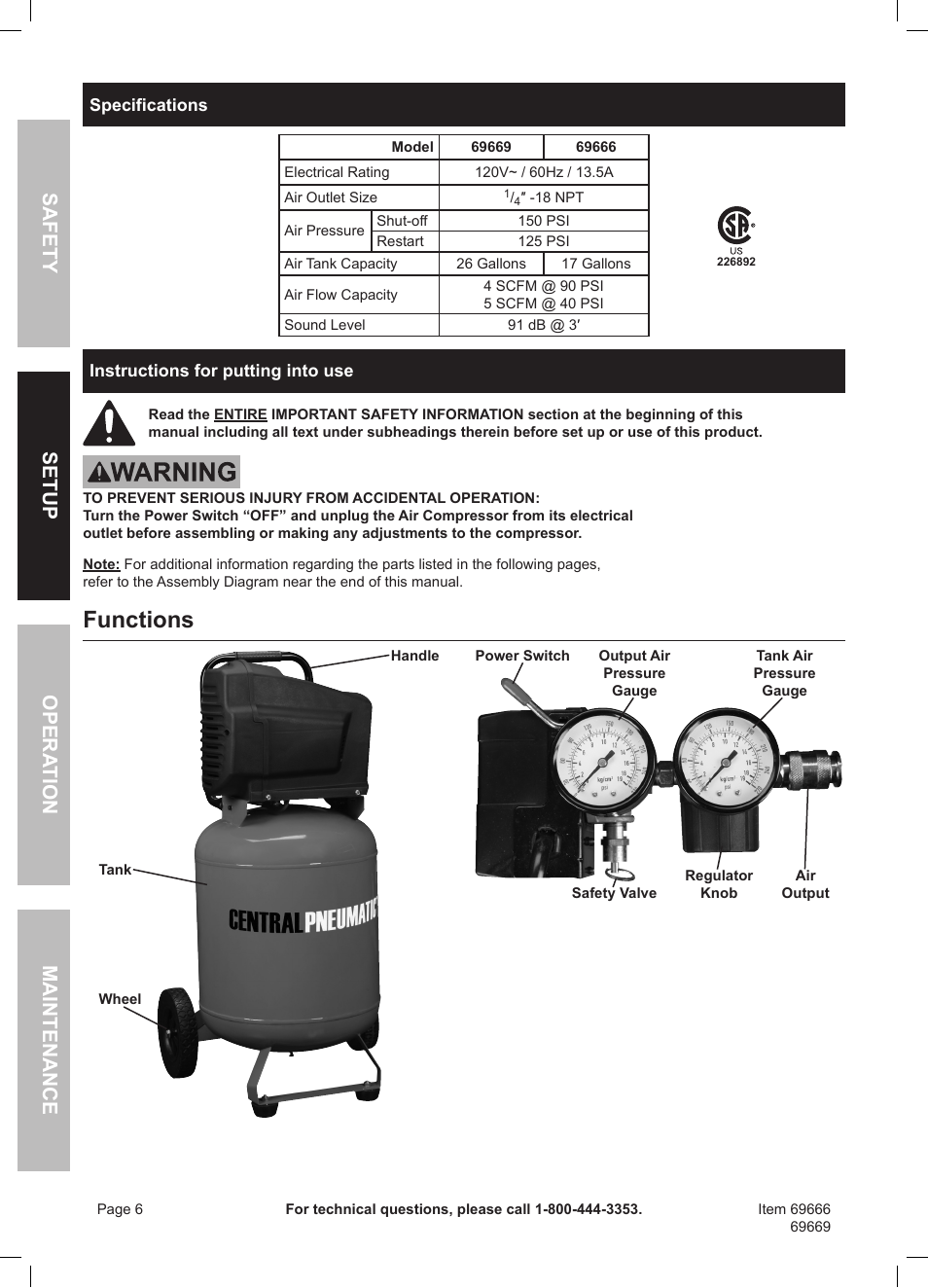 Functions, Safety opera tion maintenance setup | Harbor Freight Tools Central Pneumatic Oilless Air Compressor 69666 User Manual | Page 6 / 16