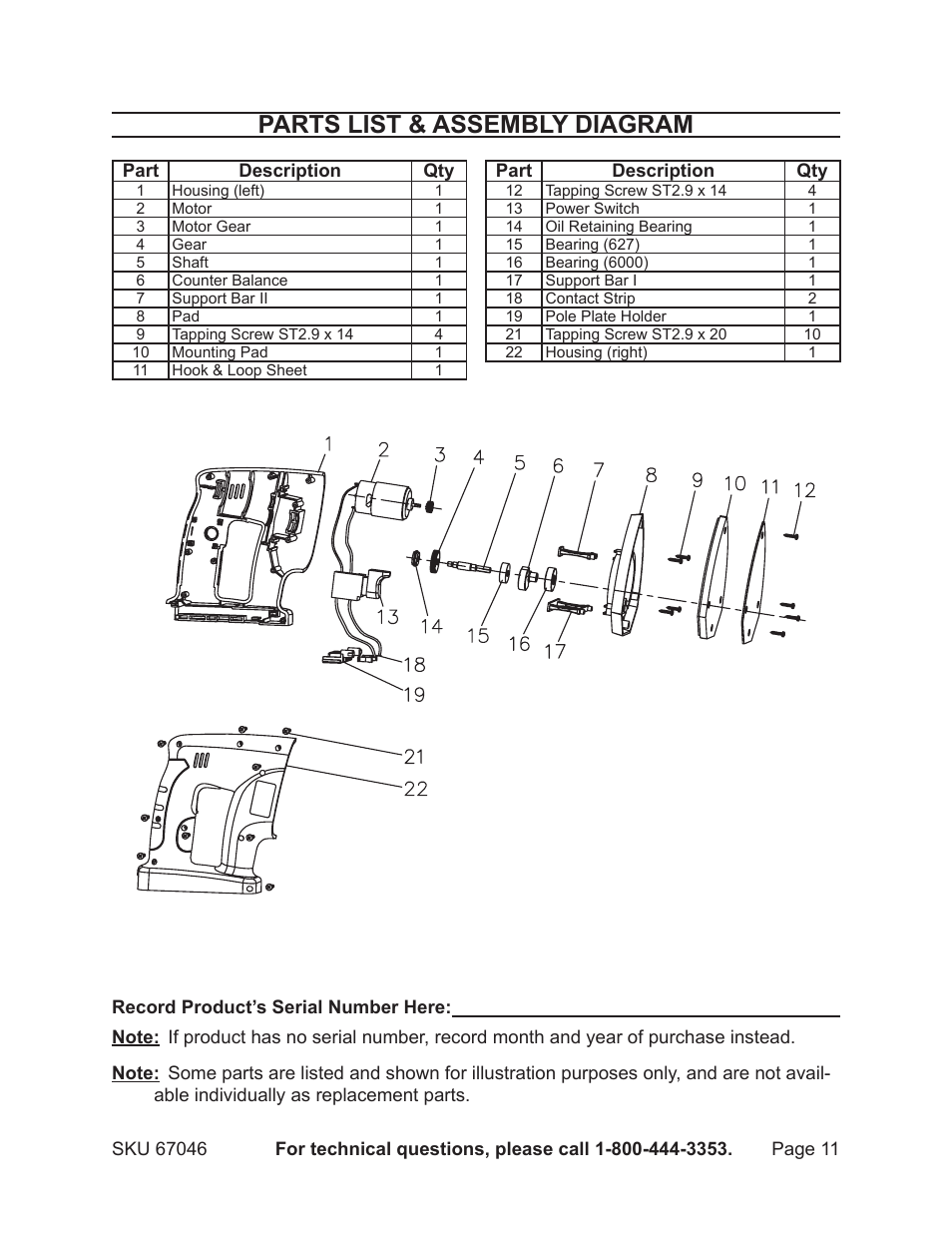 Parts list & assembly diagram | Harbor Freight Tools 67046 User Manual | Page 11 / 12