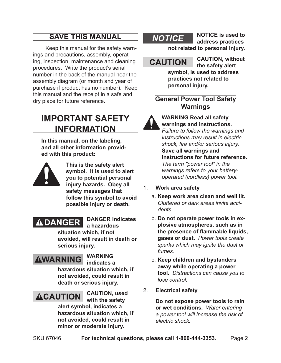 Important safety information, Save this manual | Harbor Freight Tools 67046 User Manual | Page 2 / 12