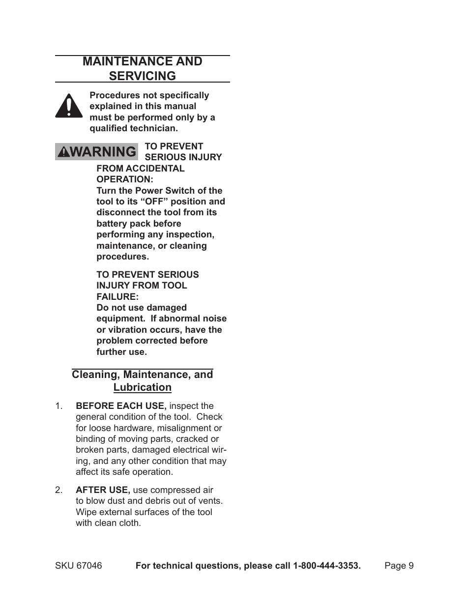 Maintenance and servicing | Harbor Freight Tools 67046 User Manual | Page 9 / 12