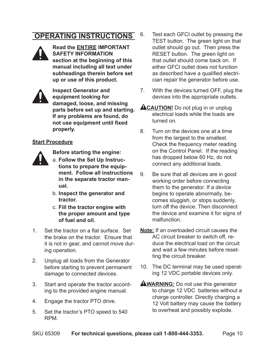 Operating instructions | Harbor Freight Tools 65309 User Manual | Page 10 / 19