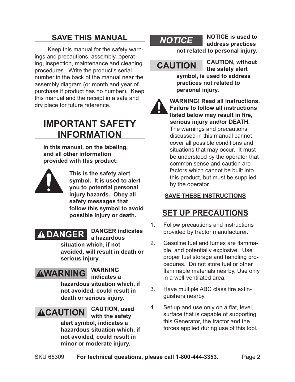 Important safety information, Save this manual, Set up precautions | Harbor Freight Tools 65309 User Manual | Page 2 / 19