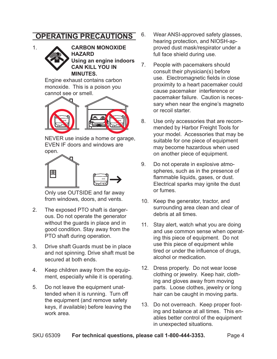 Operating precautions | Harbor Freight Tools 65309 User Manual | Page 4 / 19