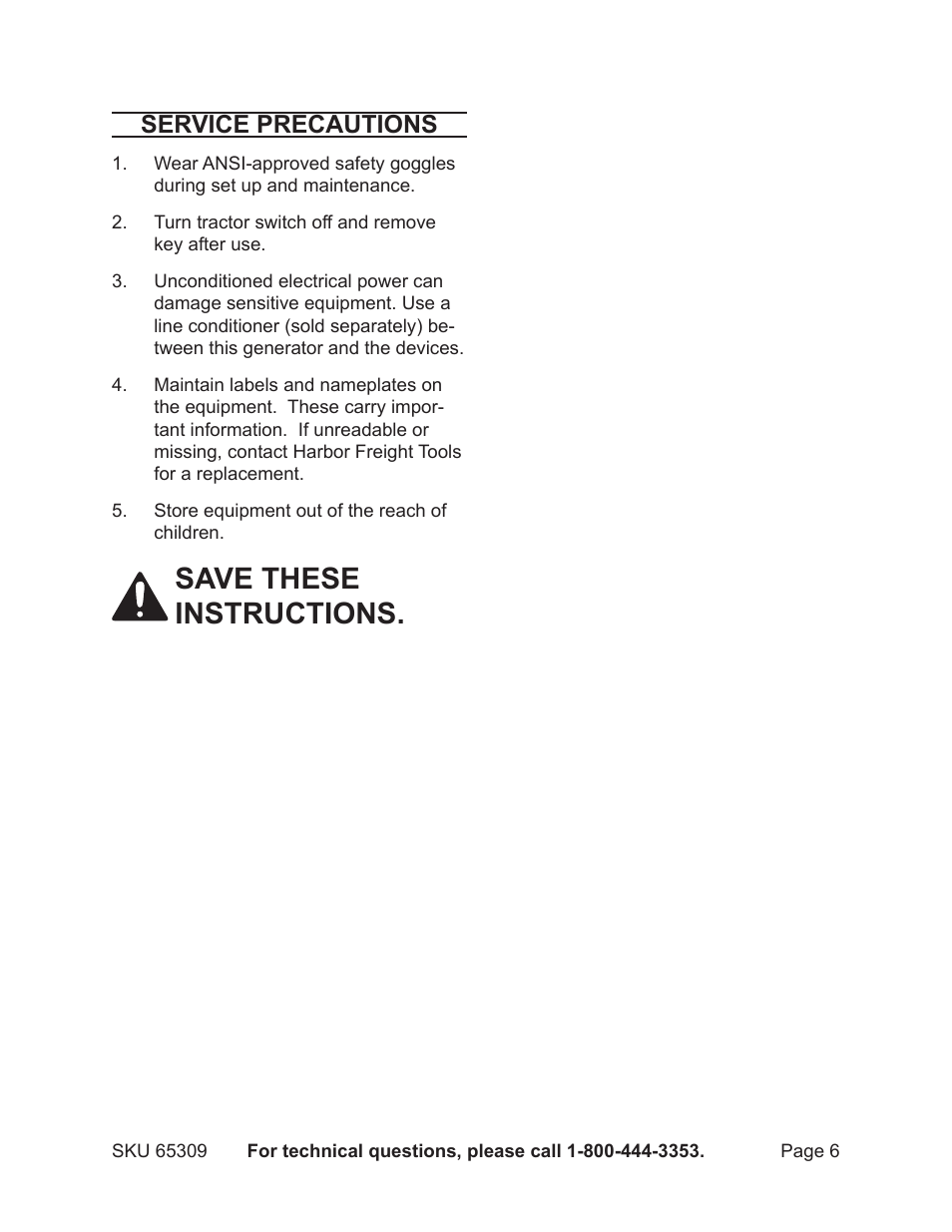 Save these instructions, Service precautions | Harbor Freight Tools 65309 User Manual | Page 6 / 19