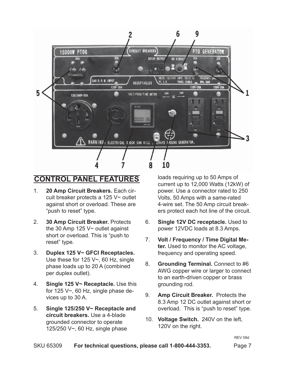 Control panel features | Harbor Freight Tools 65309 User Manual | Page 7 / 19