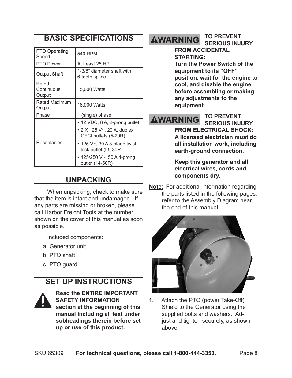 Basic specifications, Unpacking, Set up instructions | Harbor Freight Tools 65309 User Manual | Page 8 / 19