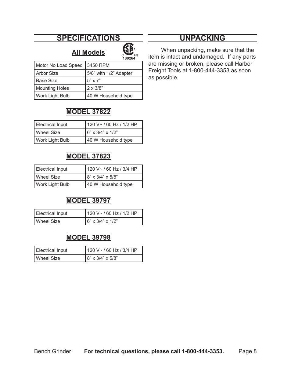 Specifications, Unpacking, All models | Harbor Freight Tools 37822 User Manual | Page 8 / 16