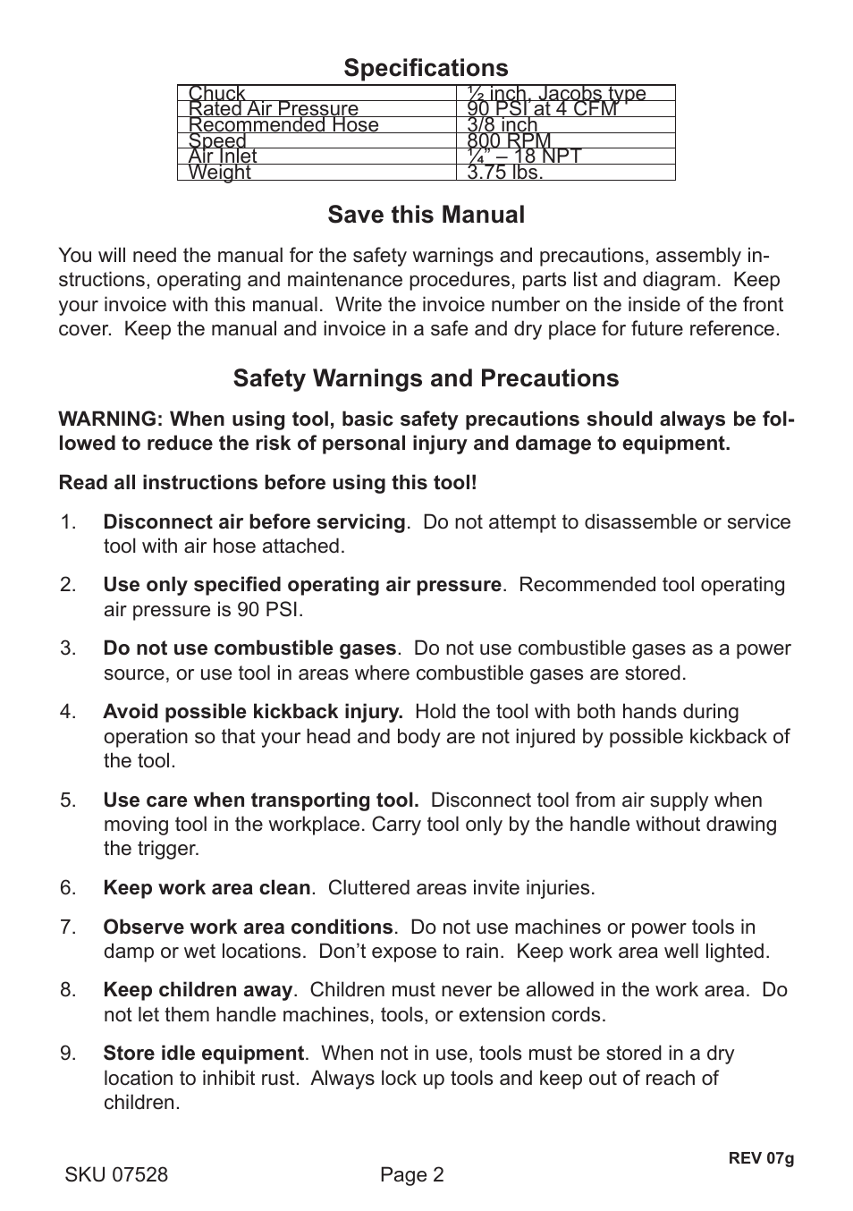 Specifications, Save this manual, Safety warnings and precautions | Harbor Freight Tools 7528 User Manual | Page 2 / 8