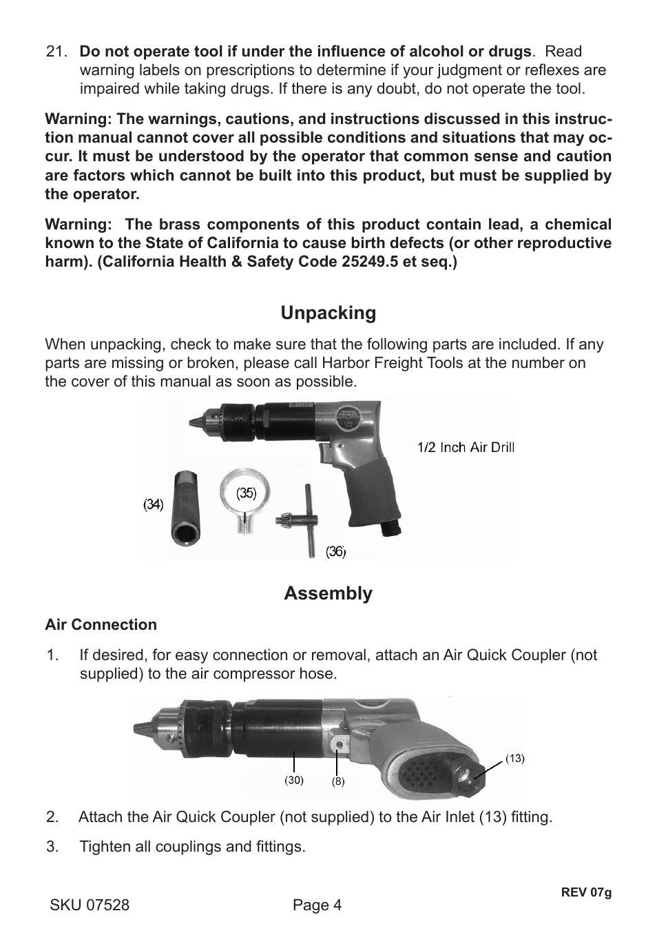 Unpacking, Assembly | Harbor Freight Tools 7528 User Manual | Page 4 / 8