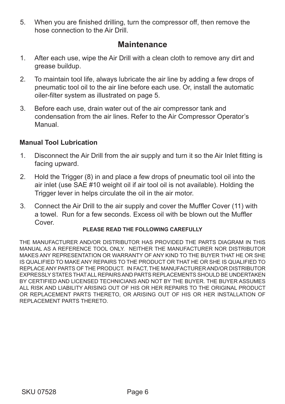 Maintenance | Harbor Freight Tools 7528 User Manual | Page 6 / 8