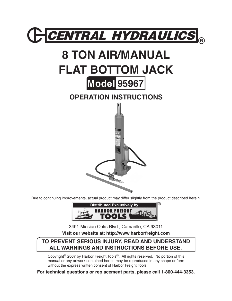 Harbor Freight Tools FLAT BOTTOM JACK 95967 User Manual | 9 pages
