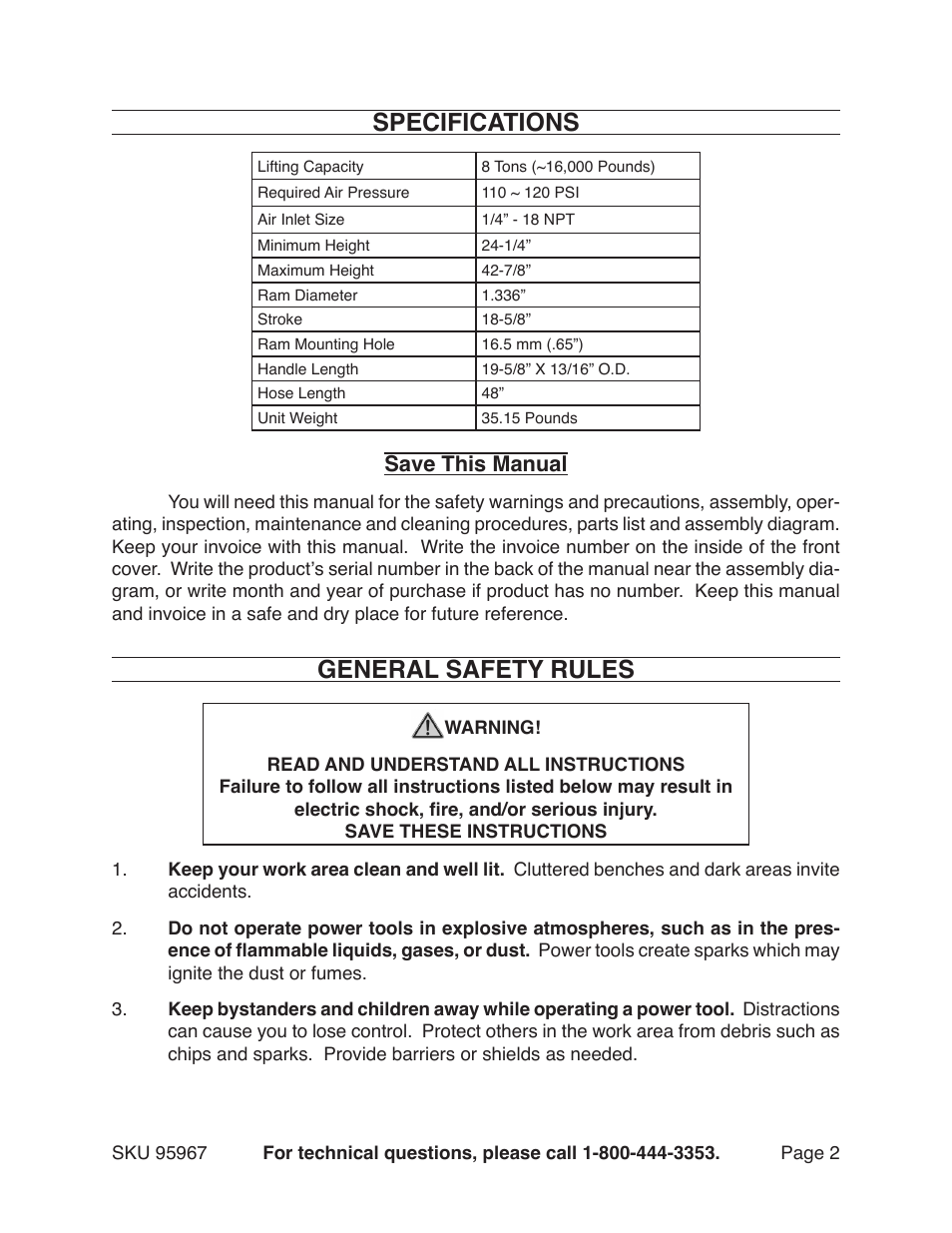 Specifications, General safety rules, Save this manual | Harbor Freight Tools FLAT BOTTOM JACK 95967 User Manual | Page 2 / 9