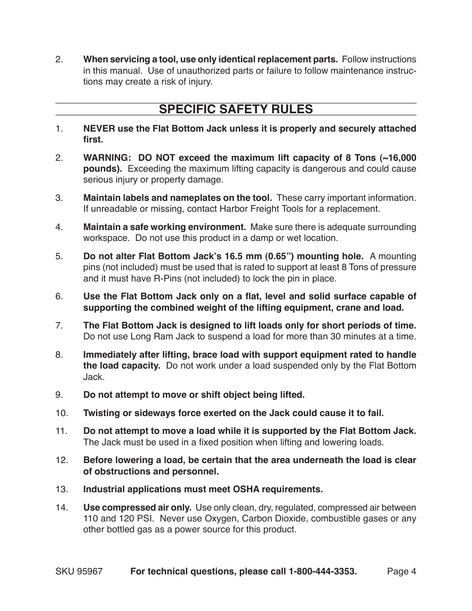 Specific safety rules | Harbor Freight Tools FLAT BOTTOM JACK 95967 User Manual | Page 4 / 9