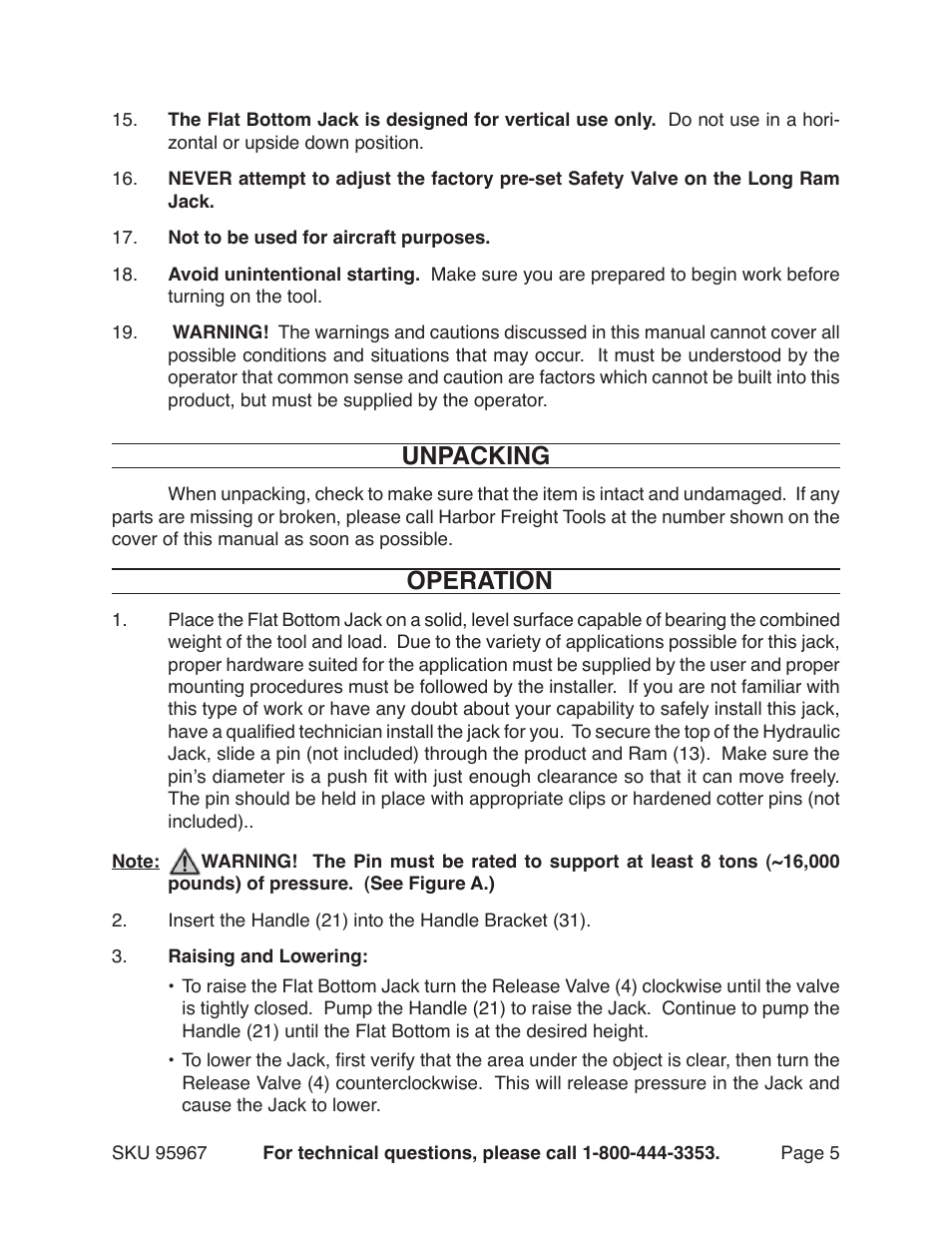 Unpacking, Operation | Harbor Freight Tools FLAT BOTTOM JACK 95967 User Manual | Page 5 / 9