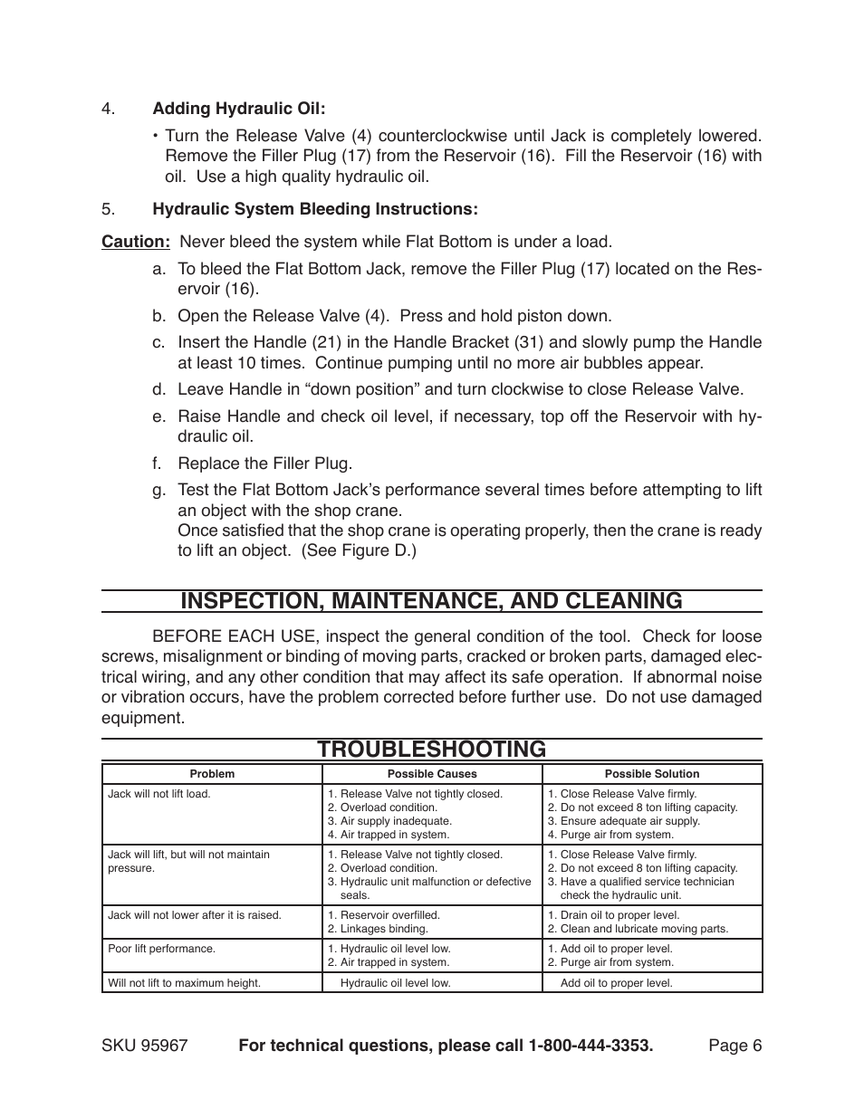 Inspection, maintenance, and cleaning, Troubleshooting | Harbor Freight Tools FLAT BOTTOM JACK 95967 User Manual | Page 6 / 9