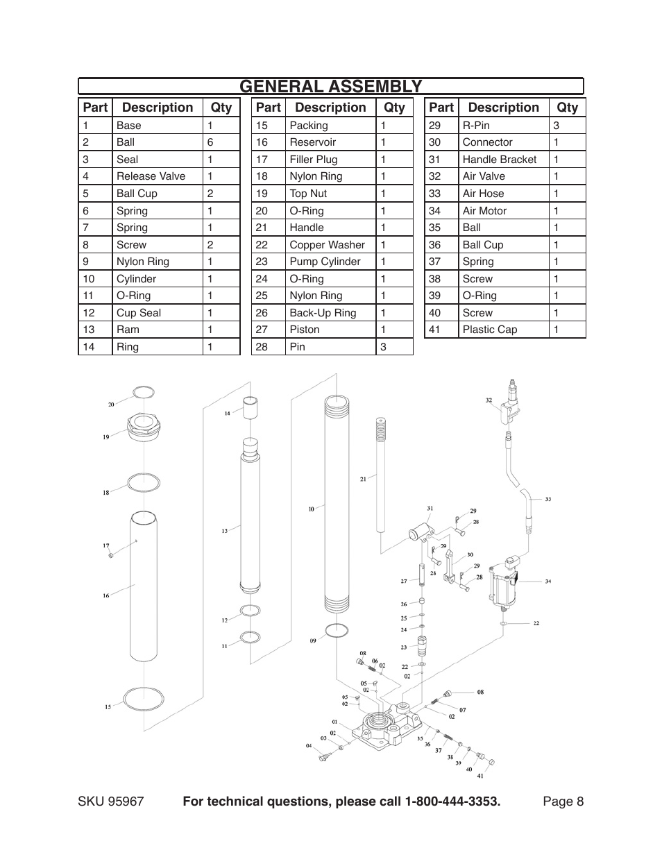 General assembly | Harbor Freight Tools FLAT BOTTOM JACK 95967 User Manual | Page 8 / 9