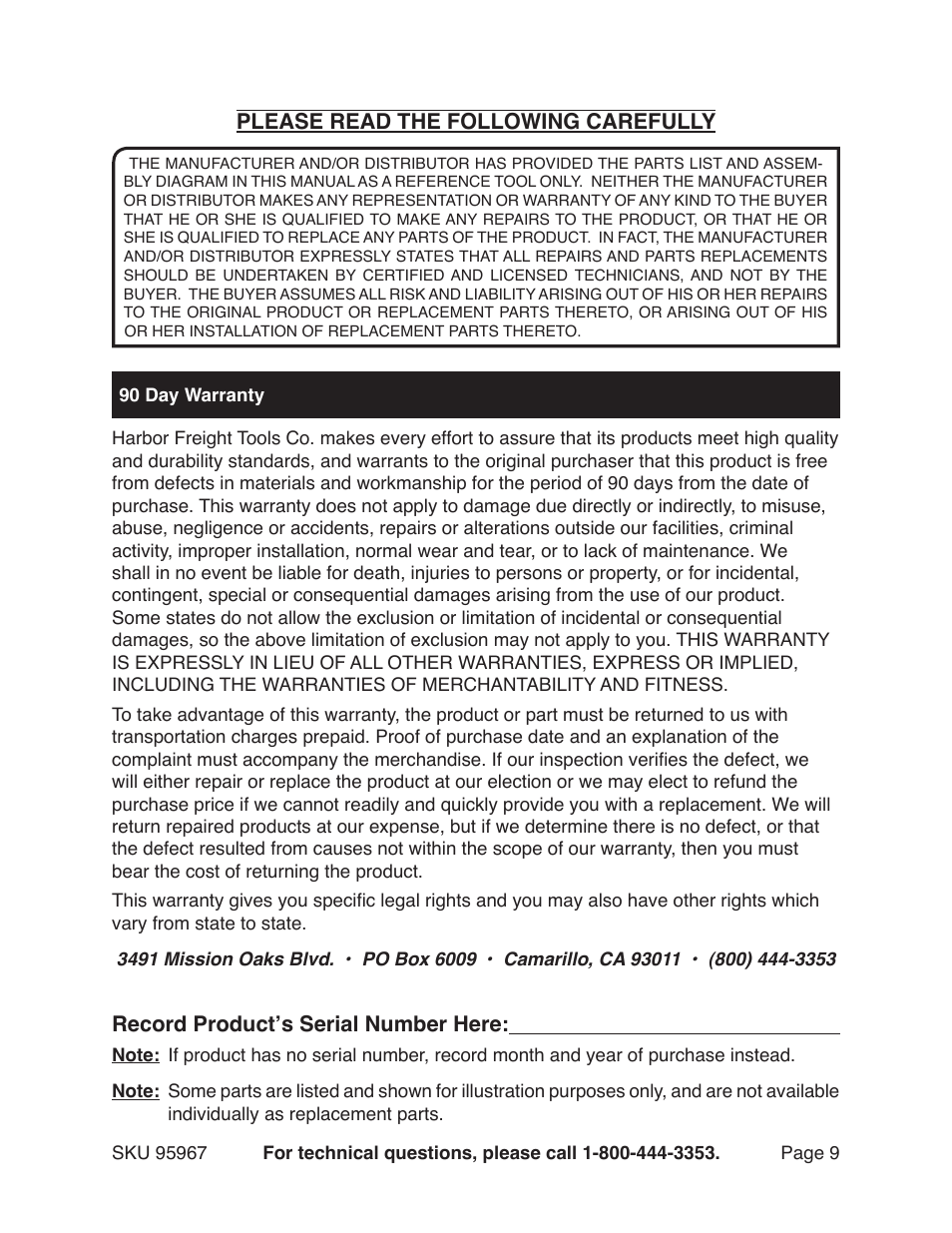 Please read the following carefully, Record product’s serial number here | Harbor Freight Tools FLAT BOTTOM JACK 95967 User Manual | Page 9 / 9