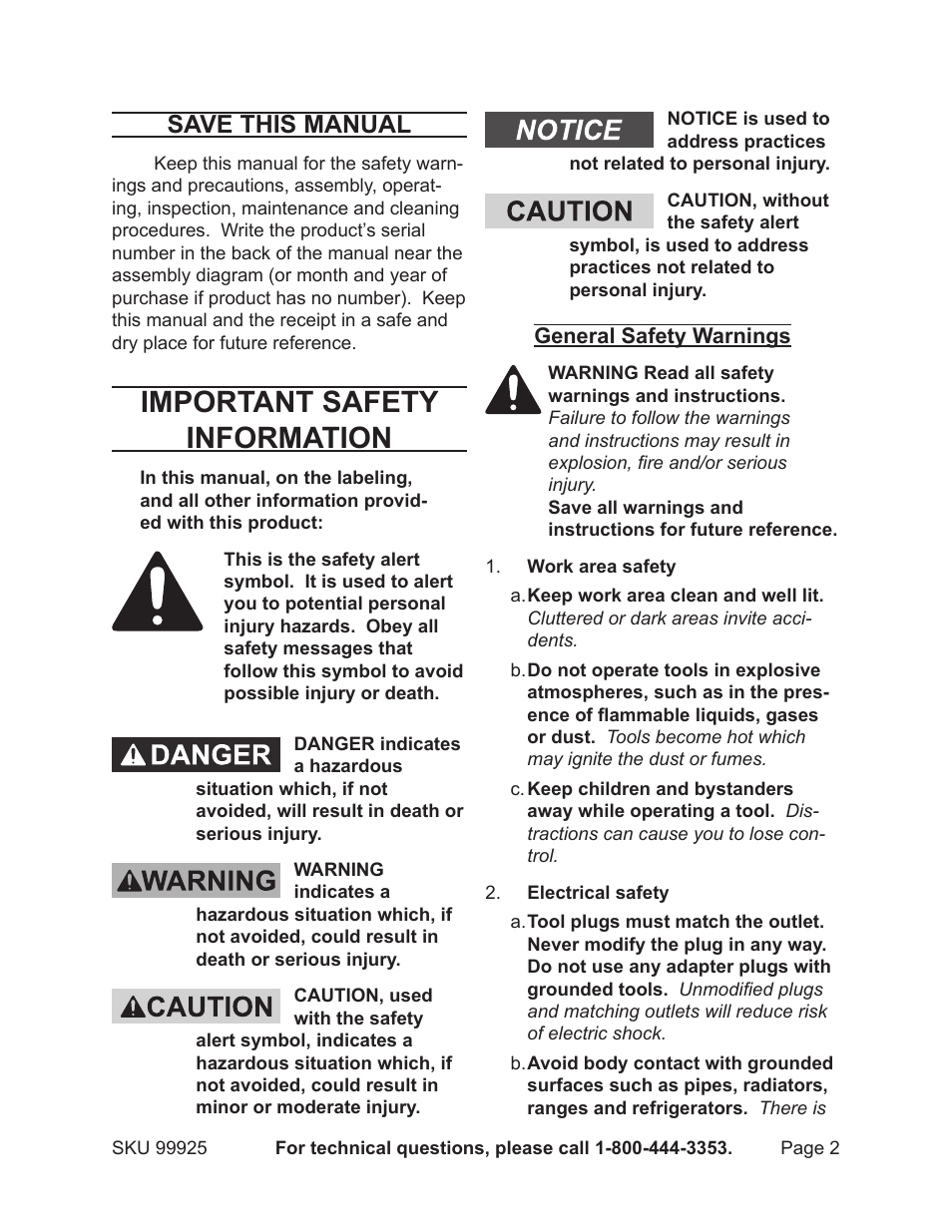 Important safety information, Save this manual | Harbor Freight Tools 99925 User Manual | Page 2 / 14