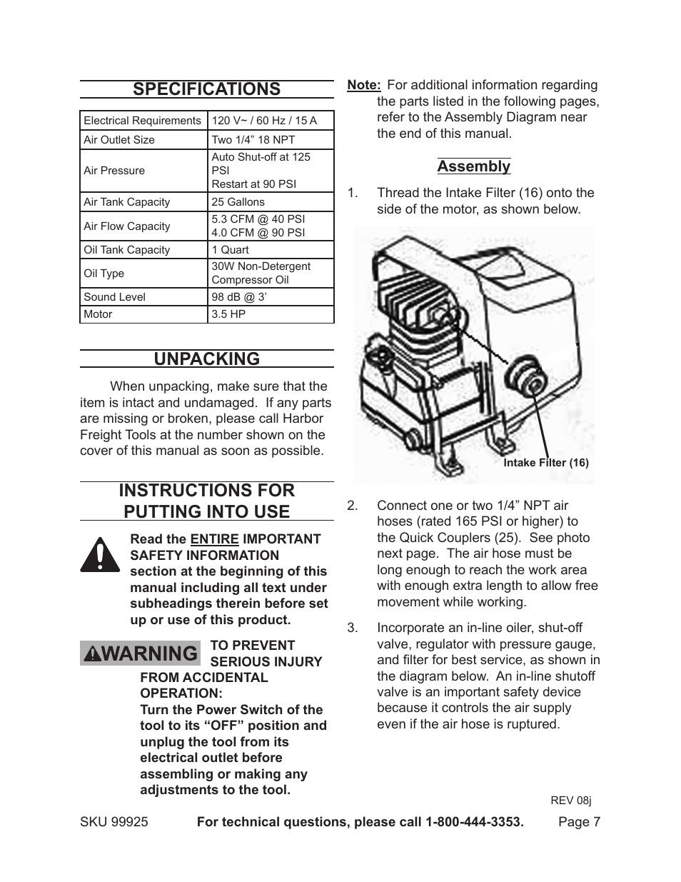 Specifications, Unpacking, Instructions for putting into use | Assembly | Harbor Freight Tools 99925 User Manual | Page 7 / 14