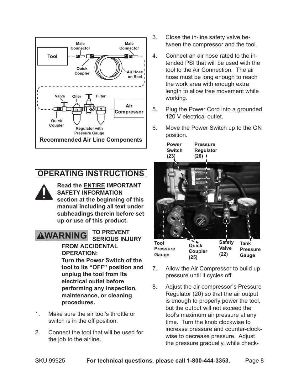 Operating instructions | Harbor Freight Tools 99925 User Manual | Page 8 / 14