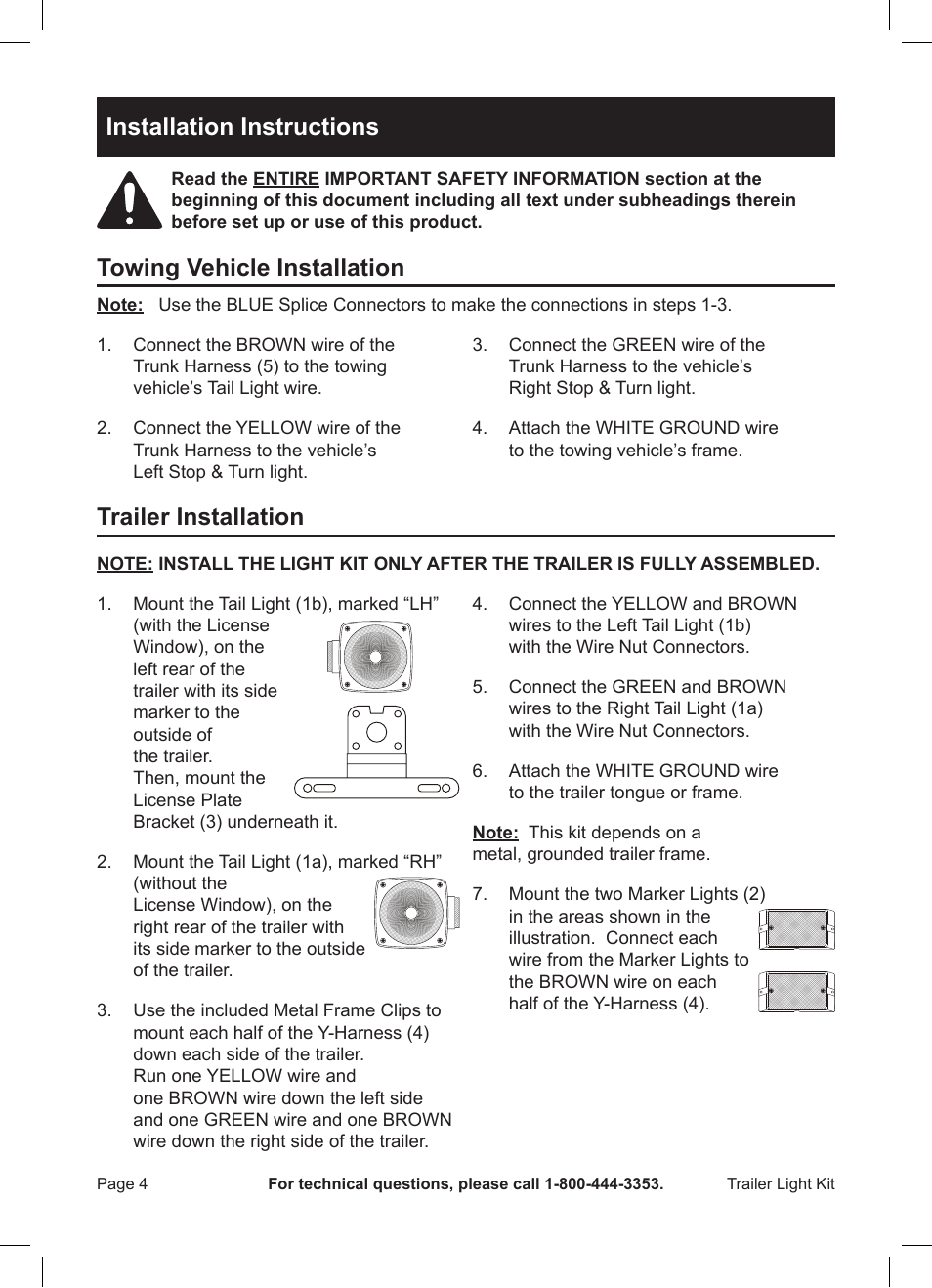 Installation instructions, Towing vehicle installation, Trailer installation | Harbor Freight Tools 93861 User Manual | Page 4 / 8