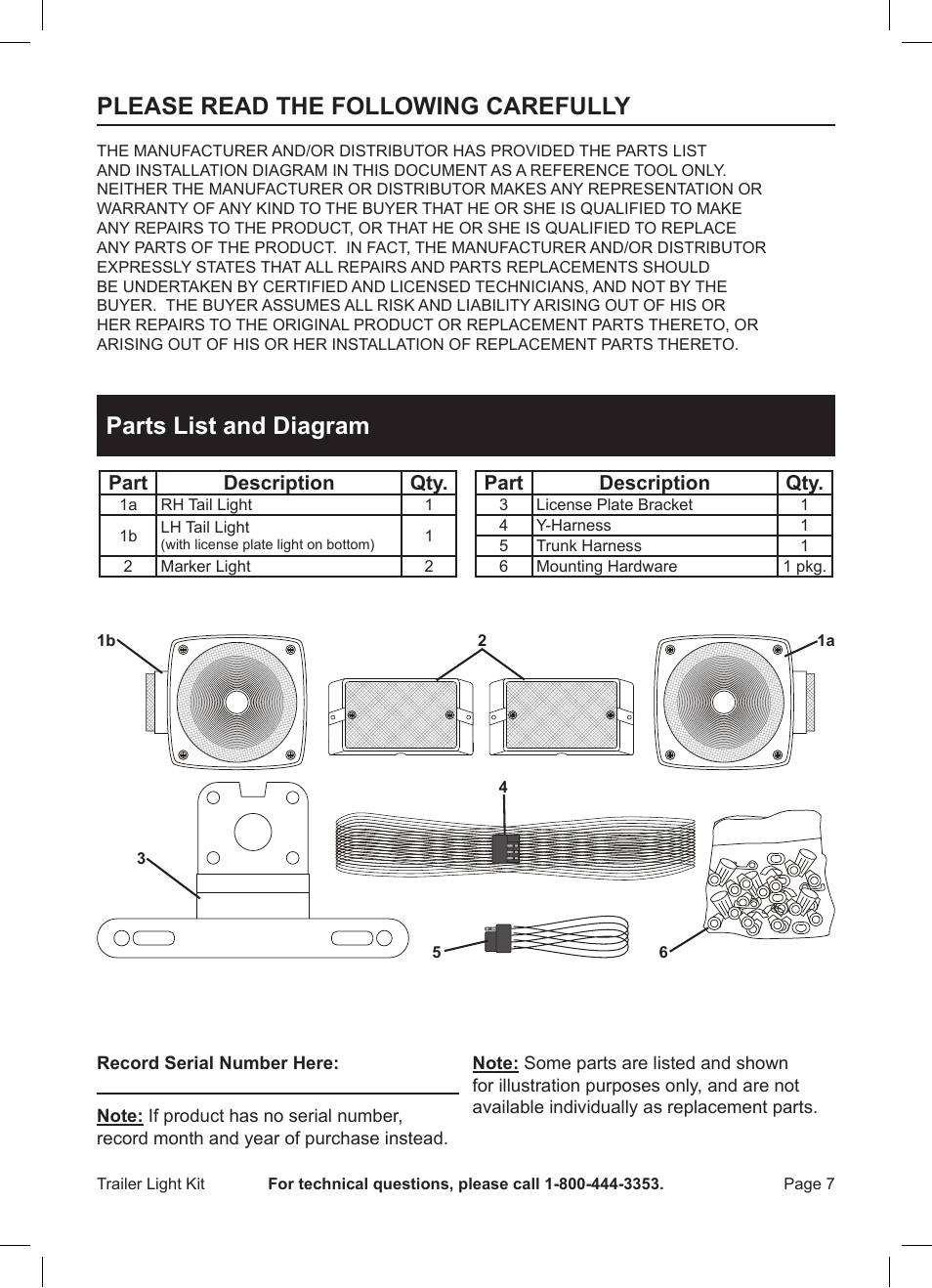 Please read the following carefully, Parts list and diagram | Harbor Freight Tools 93861 User Manual | Page 7 / 8