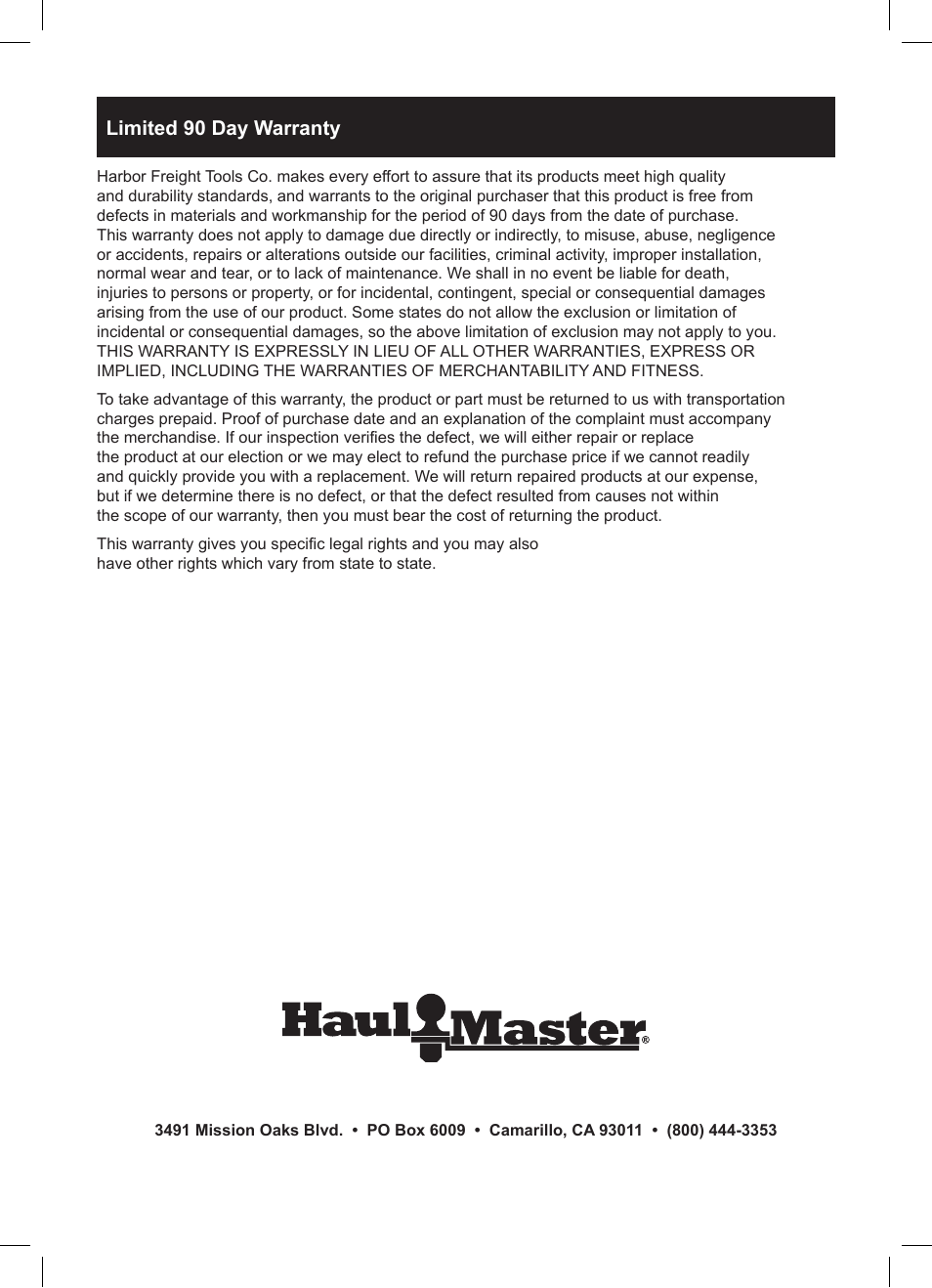 Limited 90 day warranty | Harbor Freight Tools 93861 User Manual | Page 8 / 8