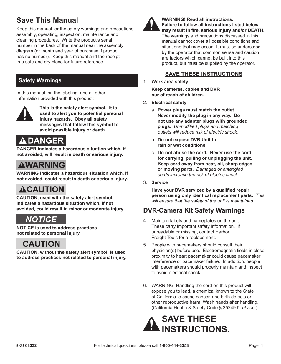 Save these instructions, Save this manual, Dvr-camera kit safety warnings | Harbor Freight Tools BUNKER HILL SECURITY 68332 User Manual | Page 4 / 43