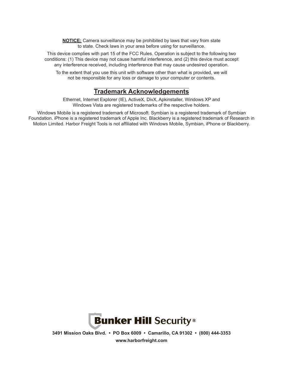 Trademark acknowledgements | Harbor Freight Tools BUNKER HILL SECURITY 68332 User Manual | Page 43 / 43