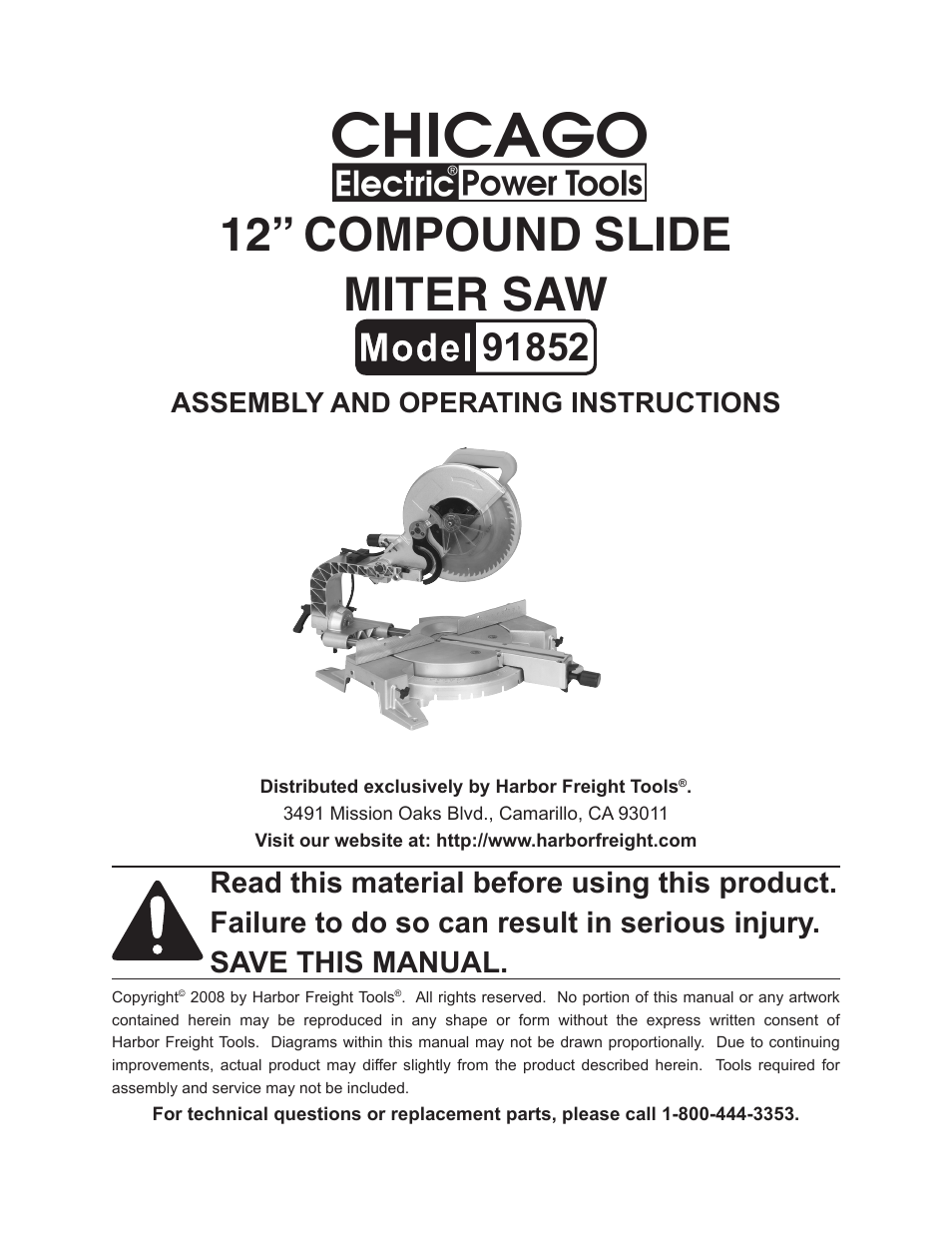 Harbor Freight Tools 12" Compound Slide Miter Saw 91852 User Manual | 27 pages