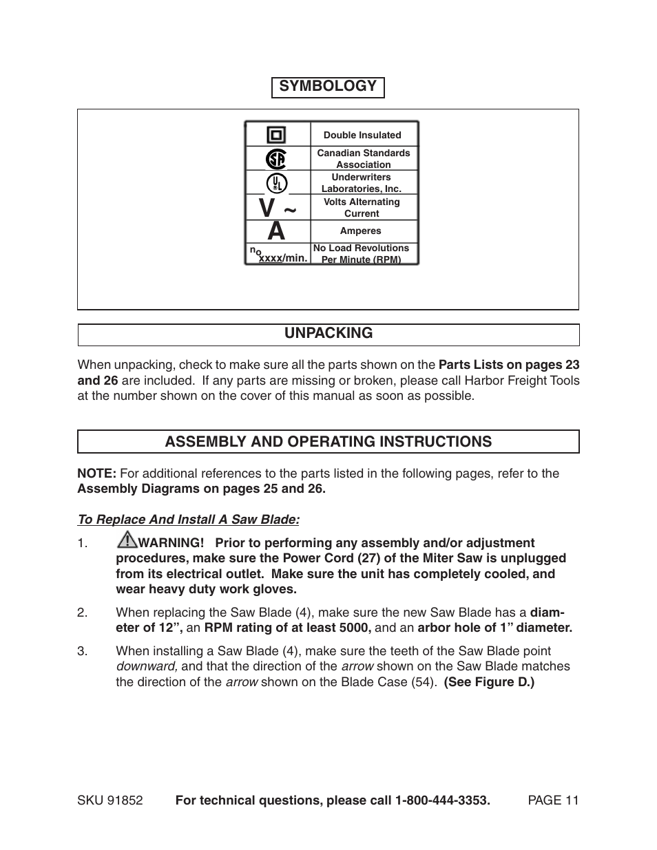 V ~ a | Harbor Freight Tools 12" Compound Slide Miter Saw 91852 User Manual | Page 11 / 27