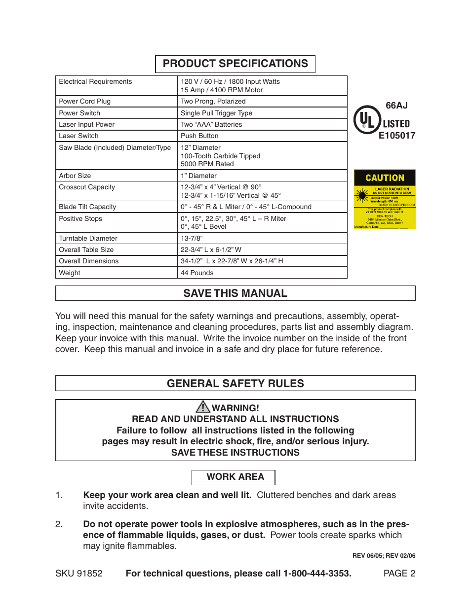 Product specifications save this manual, General safety rules | Harbor Freight Tools 12" Compound Slide Miter Saw 91852 User Manual | Page 2 / 27