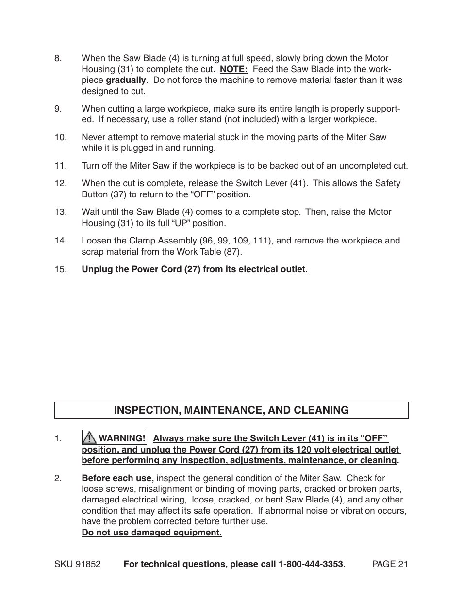 Harbor Freight Tools 12" Compound Slide Miter Saw 91852 User Manual | Page 21 / 27